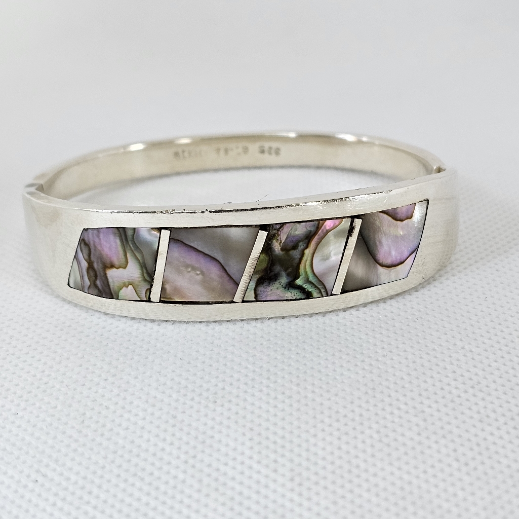 Gorgeous Vintage Abalone Inlaid Hinged Bracelet Sterling Silver! 43.3 Grams